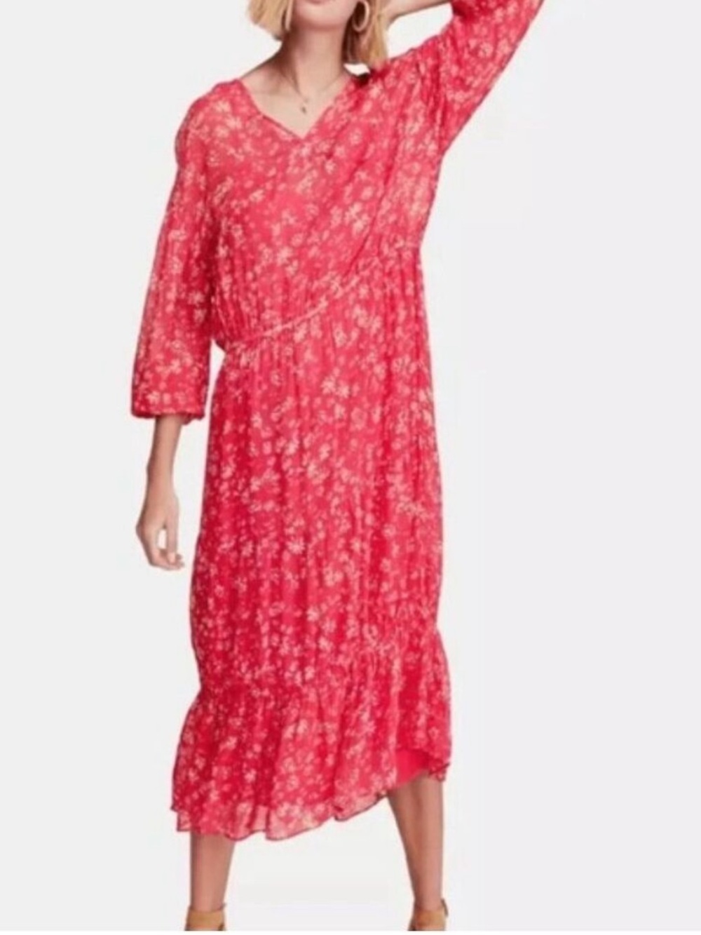 Free People Wallflower Midi Dress Raspberry Pink Floral Tiered Small NWT